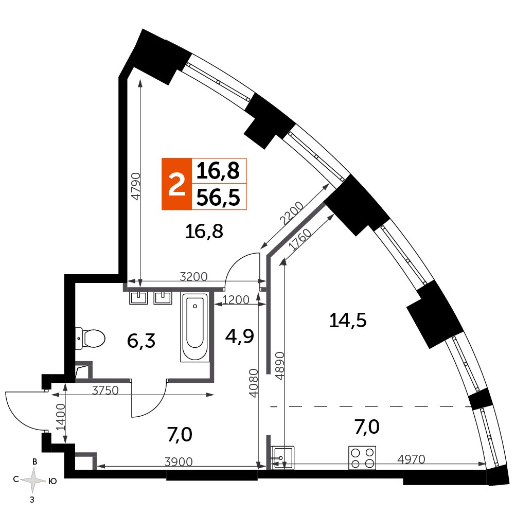 1-комнатная квартира с частичной отделкой, 56.5 м2, 10 этаж, сдача 3 квартал 2024 г., ЖК Sydney City, корпус 2.2 - объявление 2374911 - фото №1
