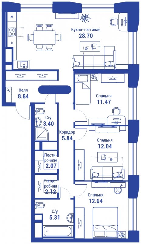 4-комнатная квартира (евро) с полной отделкой, 92.43 м2, 22 этаж, сдача 3 квартал 2024 г., ЖК iLove, корпус 2 - объявление 1667053 - фото №1