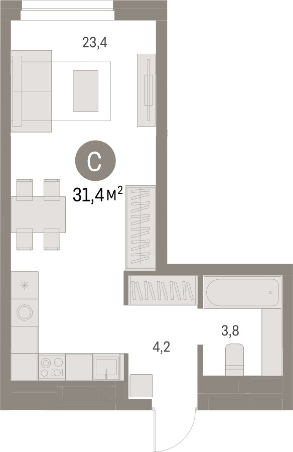 Студия с частичной отделкой, 31.42 м2, 4 этаж, сдача 1 квартал 2025 г., ЖК Первый квартал, корпус 5 - объявление 2334901 - фото №1