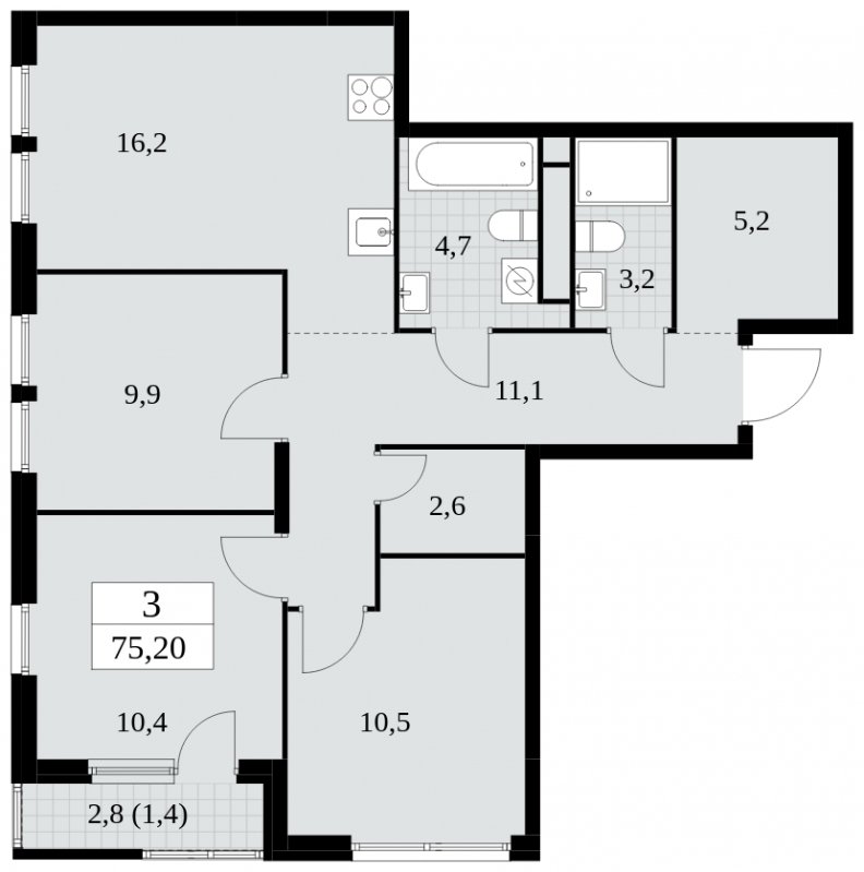 3-комнатная квартира с частичной отделкой, 75.2 м2, 19 этаж, сдача 2 квартал 2025 г., ЖК Южные сады, корпус 2.2 - объявление 1757594 - фото №1