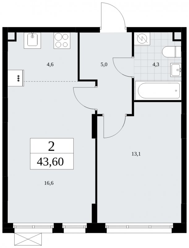 2-комнатная квартира (евро) с частичной отделкой, 43.6 м2, 2 этаж, сдача 3 квартал 2025 г., ЖК Дзен-кварталы, корпус 2.2 - объявление 1932343 - фото №1