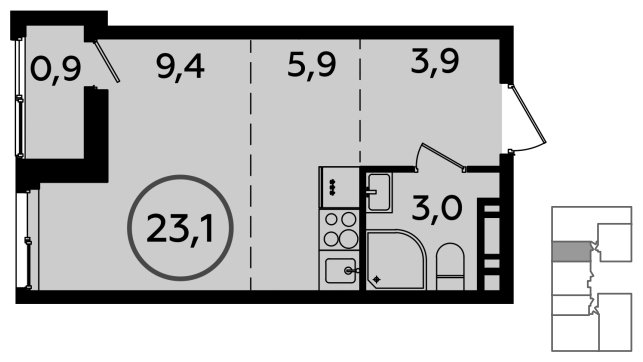 Студия без отделки, 23.1 м2, 13 этаж, сдача 1 квартал 2023 г., ЖК Прокшино, корпус 3.1 - объявление 1410603 - фото №1