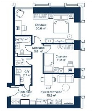 2-комнатная квартира с частичной отделкой, 62.97 м2, 14 этаж, сдача 2 квартал 2024 г., ЖК City Bay, корпус Indian Ocean 6 - объявление 2018818 - фото №1