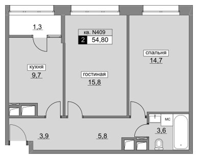 2-комнатная квартира без отделки, 54.3 м2, 5 этаж, сдача 4 квартал 2022 г., ЖК Румянцево-Парк, корпус 3 - объявление 1933359 - фото №1