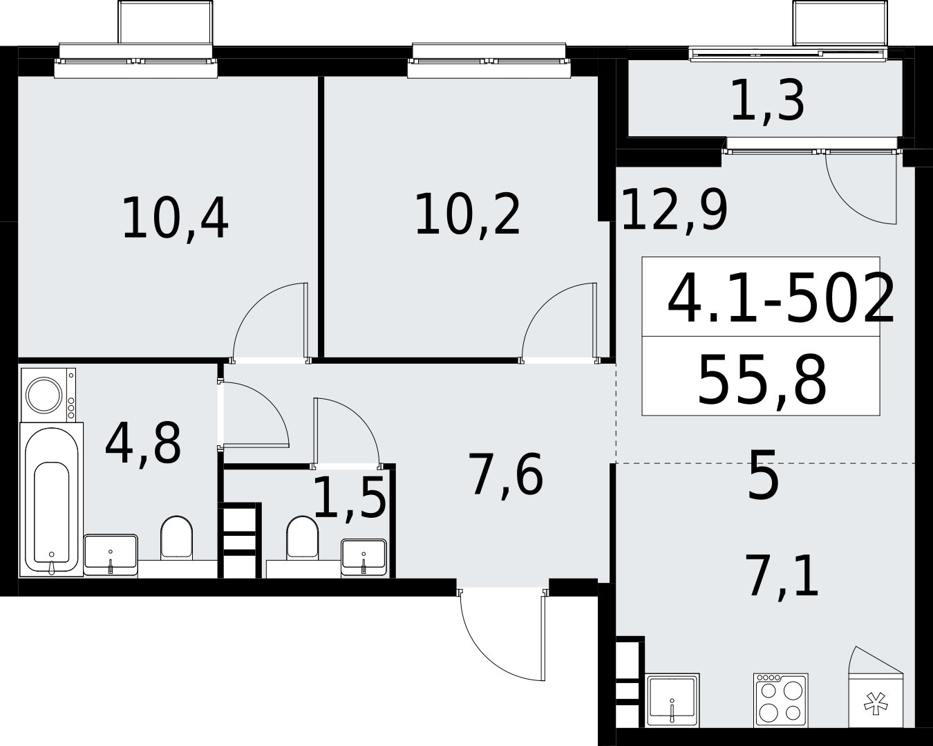 3-комнатная квартира (евро) с полной отделкой, 55.8 м2, 16 этаж, сдача 2 квартал 2027 г., ЖК Южные сады, корпус 4.1.2 - объявление 2393007 - фото №1