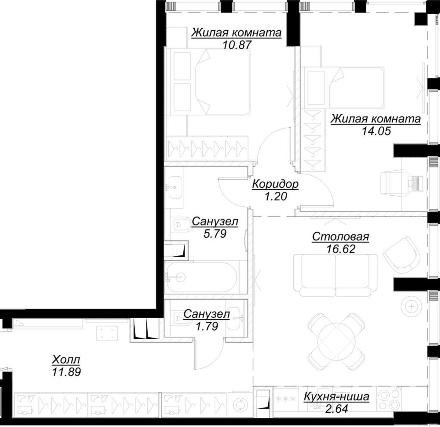 2-комнатная квартира с частичной отделкой, 65.64 м2, 33 этаж, сдача 4 квартал 2024 г., ЖК MOD, корпус Camus - объявление 2212614 - фото №1