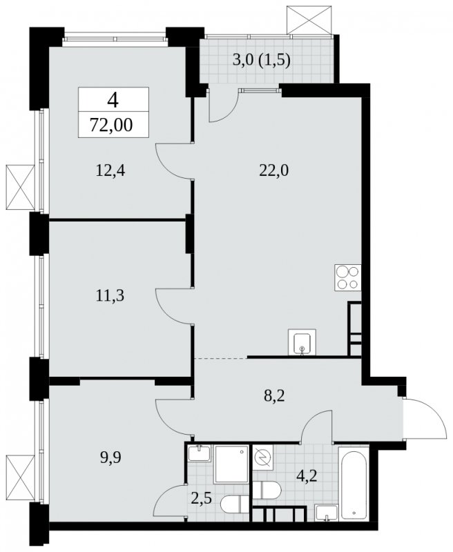 3-комнатная квартира без отделки, 72 м2, 9 этаж, сдача 4 квартал 2024 г., ЖК Скандинавия, корпус 2.27.2 - объявление 1840383 - фото №1
