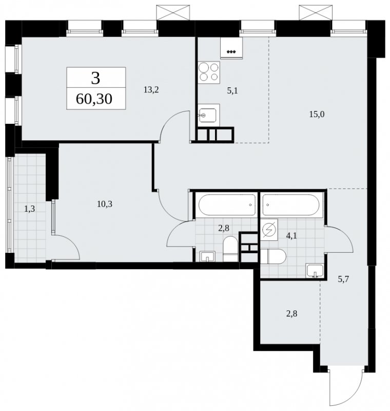 3-комнатная квартира (евро) без отделки, 60.3 м2, 6 этаж, сдача 1 квартал 2025 г., ЖК Дзен-кварталы, корпус 1.3 - объявление 1895848 - фото №1