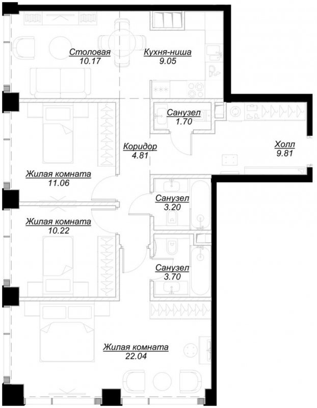 3-комнатная квартира с частичной отделкой, 85.52 м2, 43 этаж, сдача 4 квартал 2024 г., ЖК MOD, корпус Mod.M - объявление 1788512 - фото №1