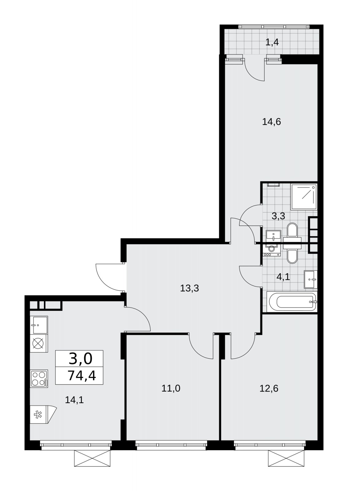 3-комнатная квартира без отделки, 74.4 м2, 11 этаж, сдача 1 квартал 2026 г., ЖК Прокшино, корпус 10.1.2 - объявление 2227031 - фото №1