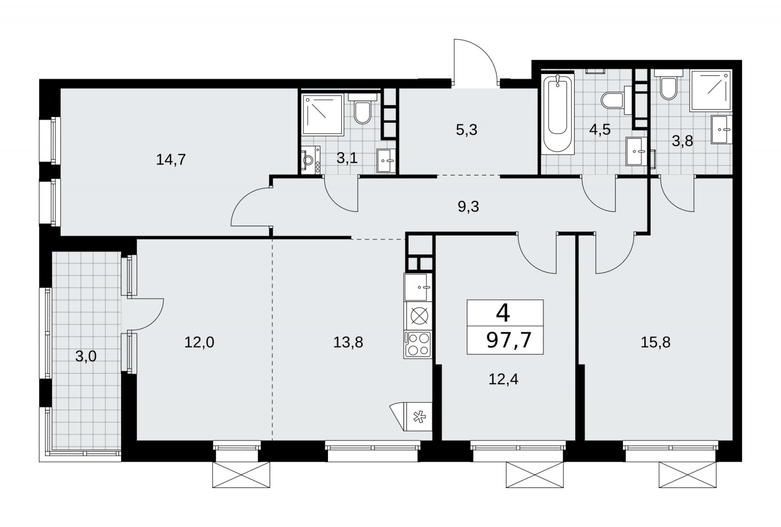 4-комнатная квартира (евро) без отделки, 97.7 м2, 9 этаж, сдача 2 квартал 2026 г., ЖК Скандинавия, корпус 25.7 - объявление 2284363 - фото №1