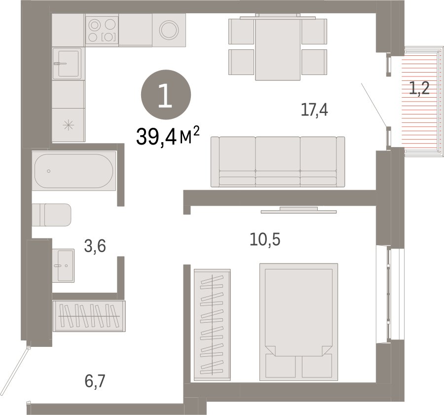 1-комнатная квартира с частичной отделкой, 39.4 м2, 26 этаж, сдача 3 квартал 2026 г., ЖК Квартал Метроном, корпус 1 - объявление 2400675 - фото №1