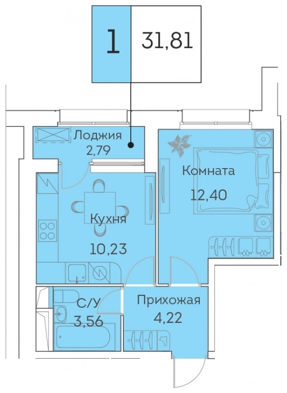 1-комнатная квартира с частичной отделкой, 31.81 м2, 11 этаж, сдача 3 квартал 2023 г., ЖК Аквилон BESIDE, корпус 1 - объявление 1577783 - фото №1