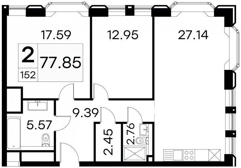2-комнатные апартаменты с частичной отделкой, 77.85 м2, 15 этаж, сдача 3 квартал 2024 г., ЖК GloraX Aura Белорусская, корпус 1 - объявление 1708637 - фото №1
