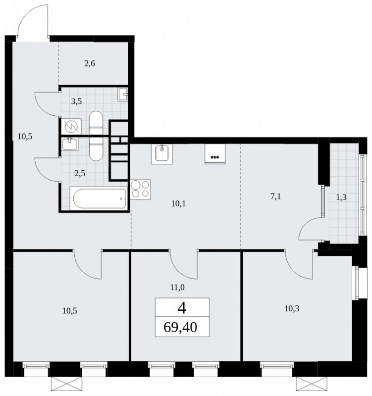 4-комнатная квартира (евро) с полной отделкой, 69.4 м2, 12 этаж, сдача 1 квартал 2025 г., ЖК Дзен-кварталы, корпус 1.1 - объявление 1895563 - фото №1