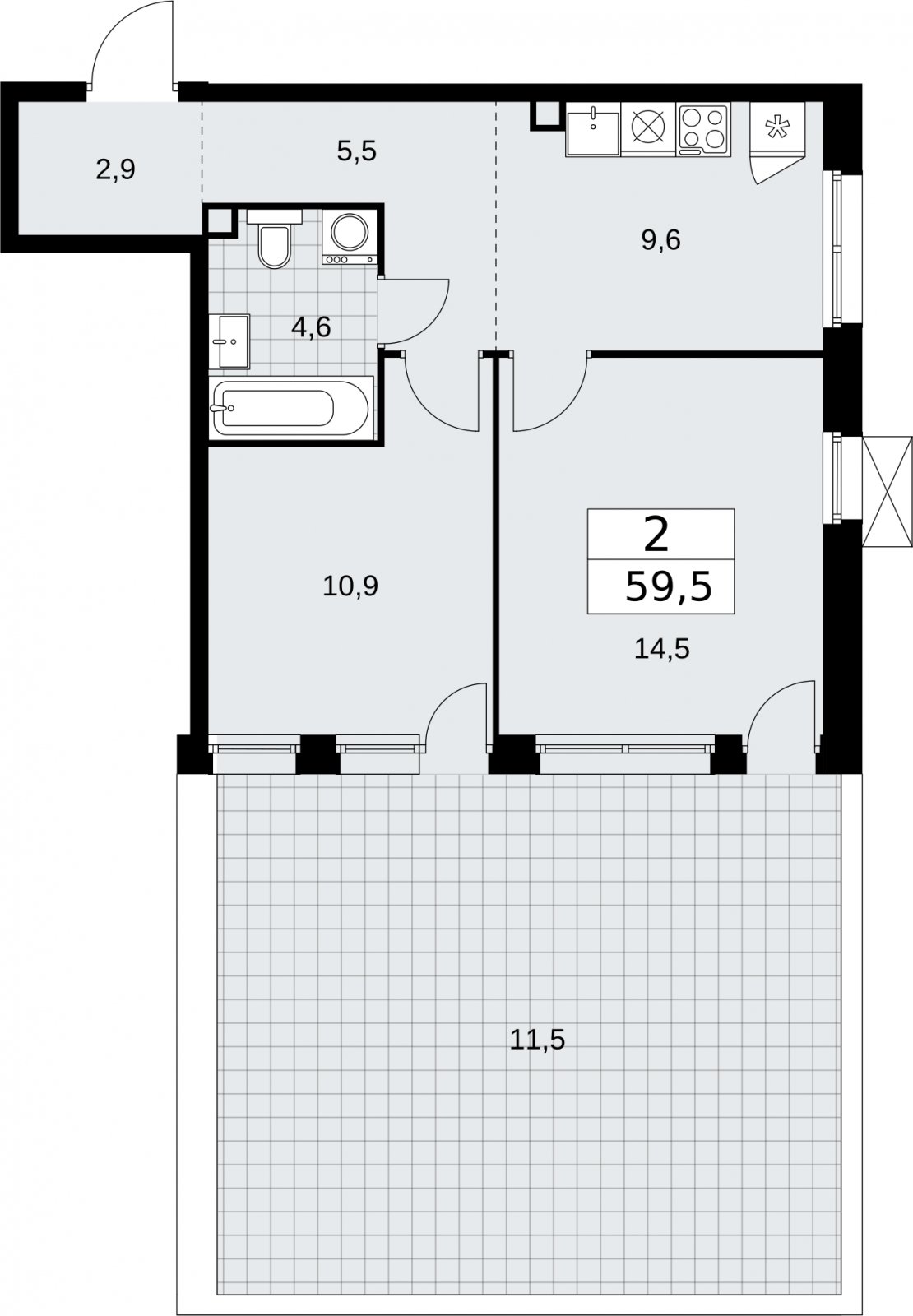 2-комнатная квартира с частичной отделкой, 59.5 м2, 2 этаж, сдача 2 квартал 2026 г., ЖК Бунинские кварталы, корпус 5.1 - объявление 2297273 - фото №1
