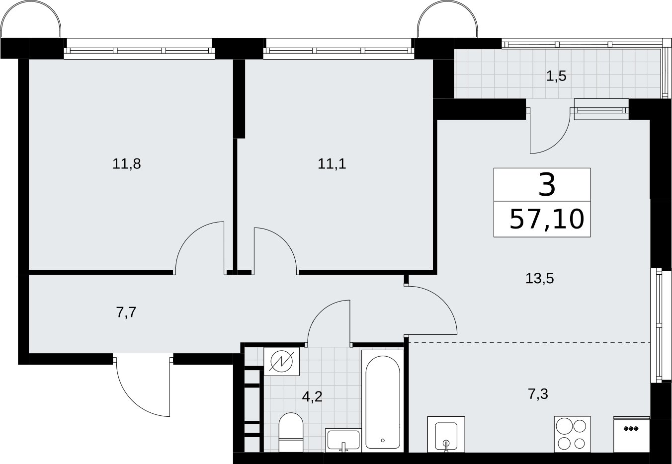 3-комнатная квартира (евро) без отделки, 57.1 м2, 6 этаж, сдача 3 квартал 2026 г., ЖК Родные кварталы, корпус 3.1 - объявление 2378195 - фото №1