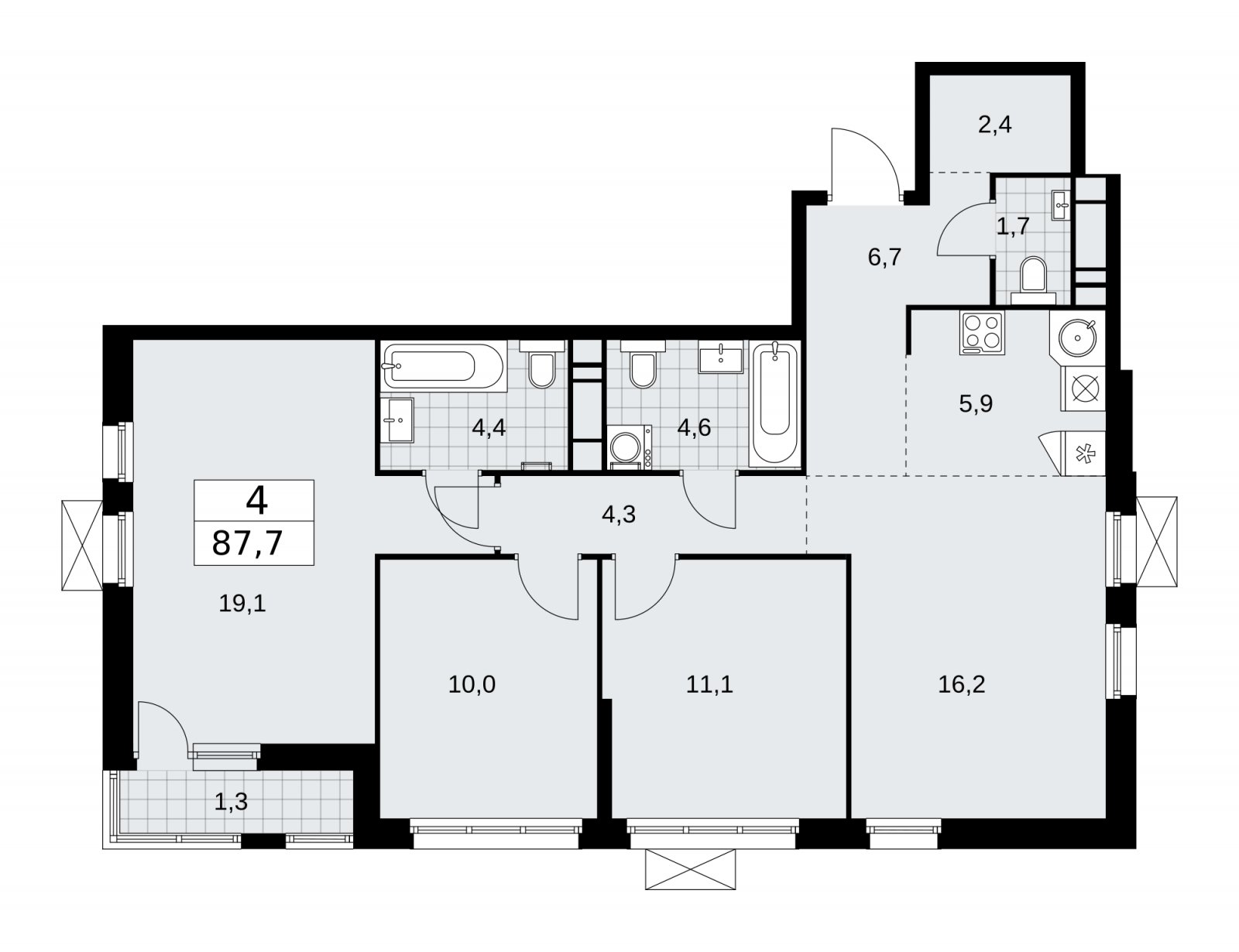 4-комнатная квартира (евро) без отделки, 87.7 м2, 14 этаж, сдача 1 квартал 2026 г., ЖК Скандинавия, корпус 37.2.1 - объявление 2254400 - фото №1