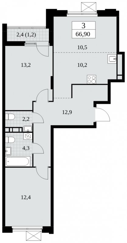 3-комнатная квартира (евро) с частичной отделкой, 66.9 м2, 8 этаж, сдача 4 квартал 2024 г., ЖК Скандинавия, корпус 2.27.4 - объявление 1840700 - фото №1