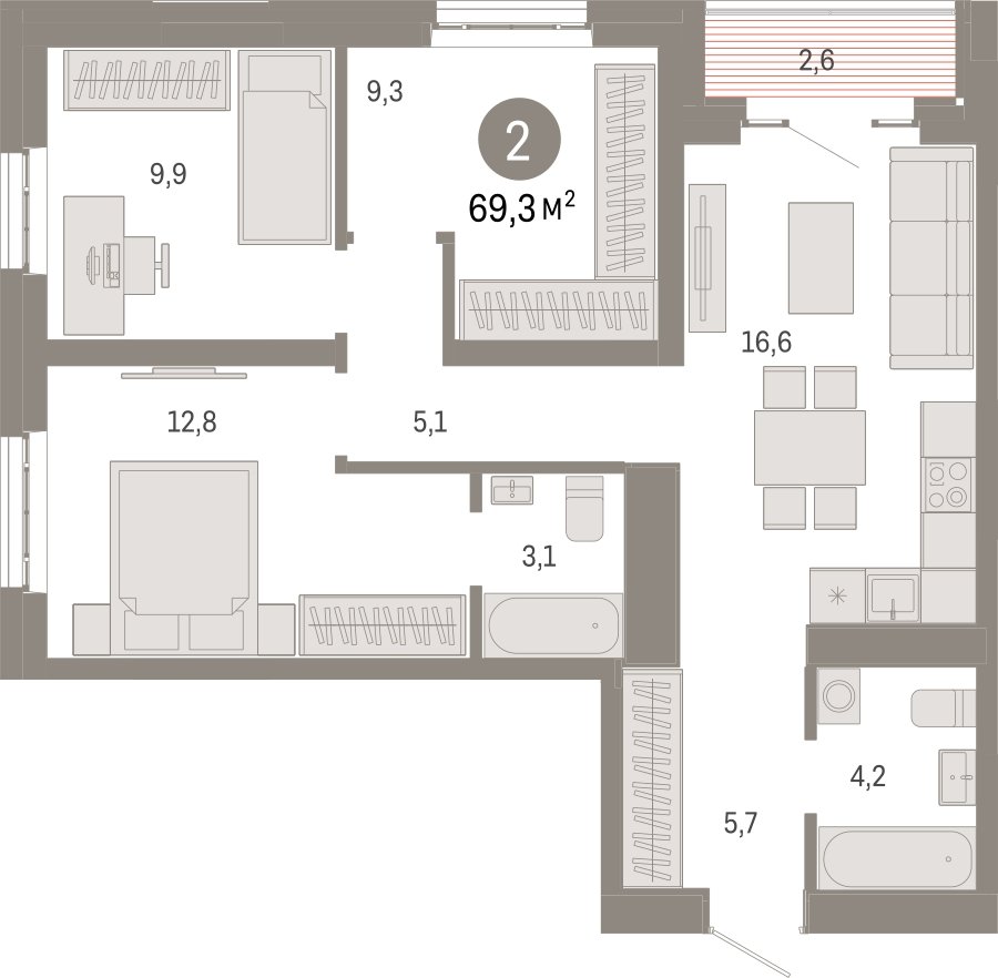 3-комнатная квартира с частичной отделкой, 69.3 м2, 20 этаж, сдача 3 квартал 2026 г., ЖК Квартал Метроном, корпус 1 - объявление 2300598 - фото №1
