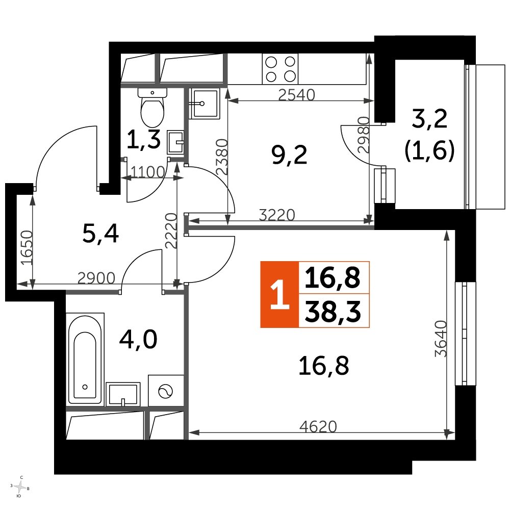 1-комнатная квартира с частичной отделкой, 38.3 м2, 13 этаж, дом сдан, ЖК UP-квартал Римский, корпус 7 - объявление 2208521 - фото №1