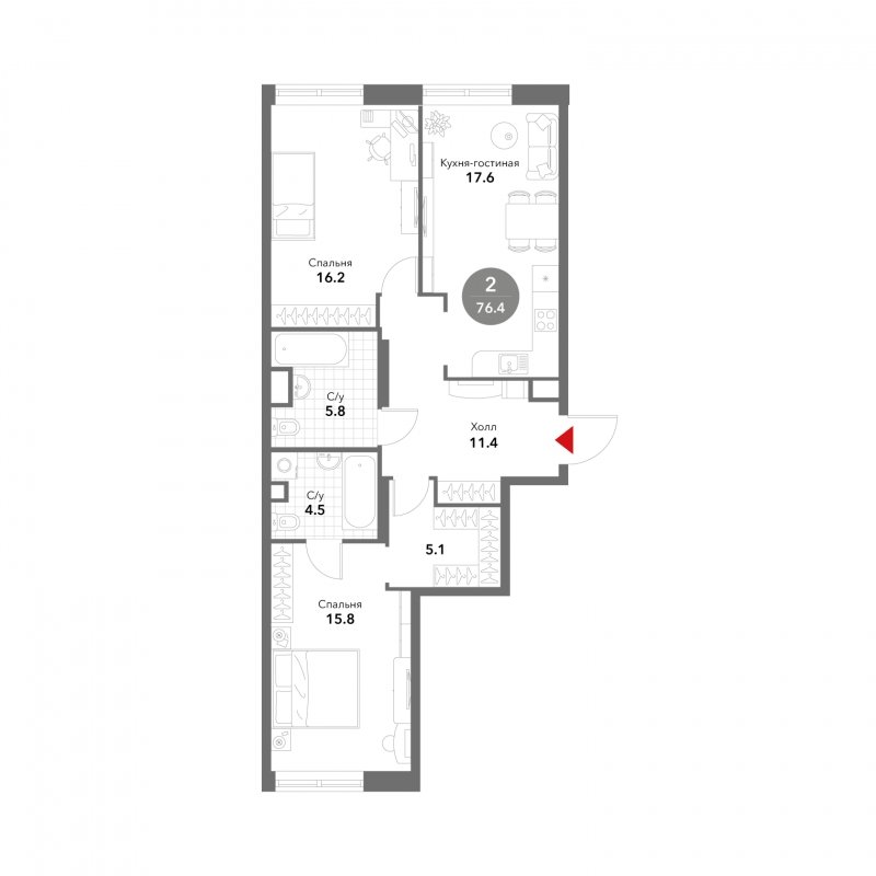 2-комнатная квартира без отделки, 76.4 м2, 13 этаж, сдача 3 квартал 2025 г., ЖК VOXHALL, корпус 2 - объявление 1787794 - фото №1