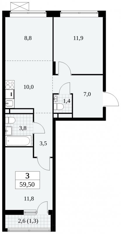 3-комнатная квартира (евро) без отделки, 59.5 м2, 8 этаж, сдача 3 квартал 2024 г., ЖК Прокшино, корпус 8.5 - объявление 1684283 - фото №1