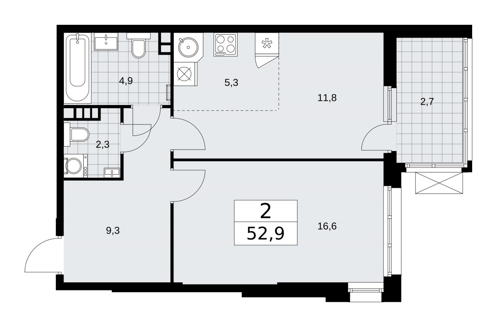 2-комнатная квартира (евро) без отделки, 52.9 м2, 3 этаж, сдача 1 квартал 2026 г., ЖК Дзен-кварталы, корпус 4.2 - объявление 2251476 - фото №1