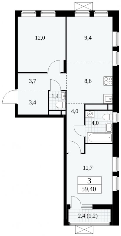 3-комнатная квартира (евро) без отделки, 59.4 м2, 14 этаж, сдача 1 квартал 2025 г., ЖК Прокшино, корпус 5.1.3 - объявление 1810647 - фото №1