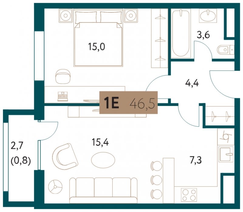 1-комнатная квартира 46.5 м2, 14 этаж, сдача 4 квартал 2022 г., ЖК Настоящее, корпус 2 - объявление 1795240 - фото №1