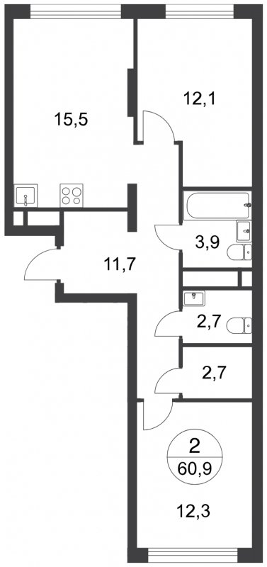 2-комнатная квартира с полной отделкой, 60.9 м2, 12 этаж, сдача 3 квартал 2025 г., ЖК город-парк Переделкино Ближнее, корпус 17-3 - объявление 2248746 - фото №1