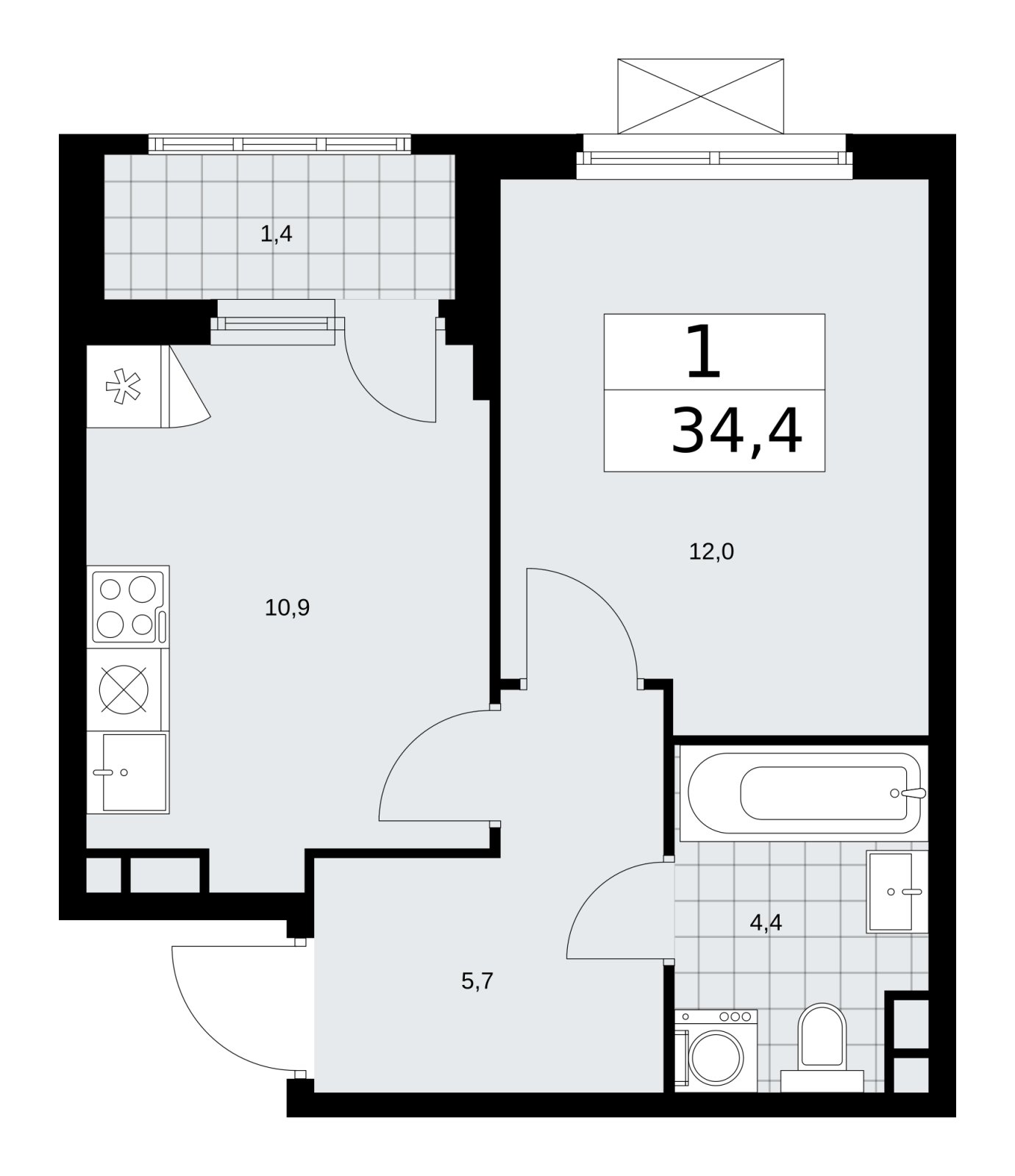 1-комнатная квартира без отделки, 34.4 м2, 5 этаж, сдача 1 квартал 2026 г., ЖК Прокшино, корпус 11.2.2 - объявление 2270077 - фото №1