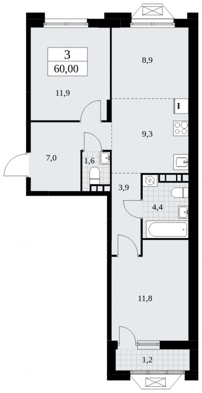 3-комнатная квартира (евро) без отделки, 60 м2, 9 этаж, сдача 1 квартал 2025 г., ЖК Бунинские кварталы, корпус 1.3 - объявление 1834662 - фото №1