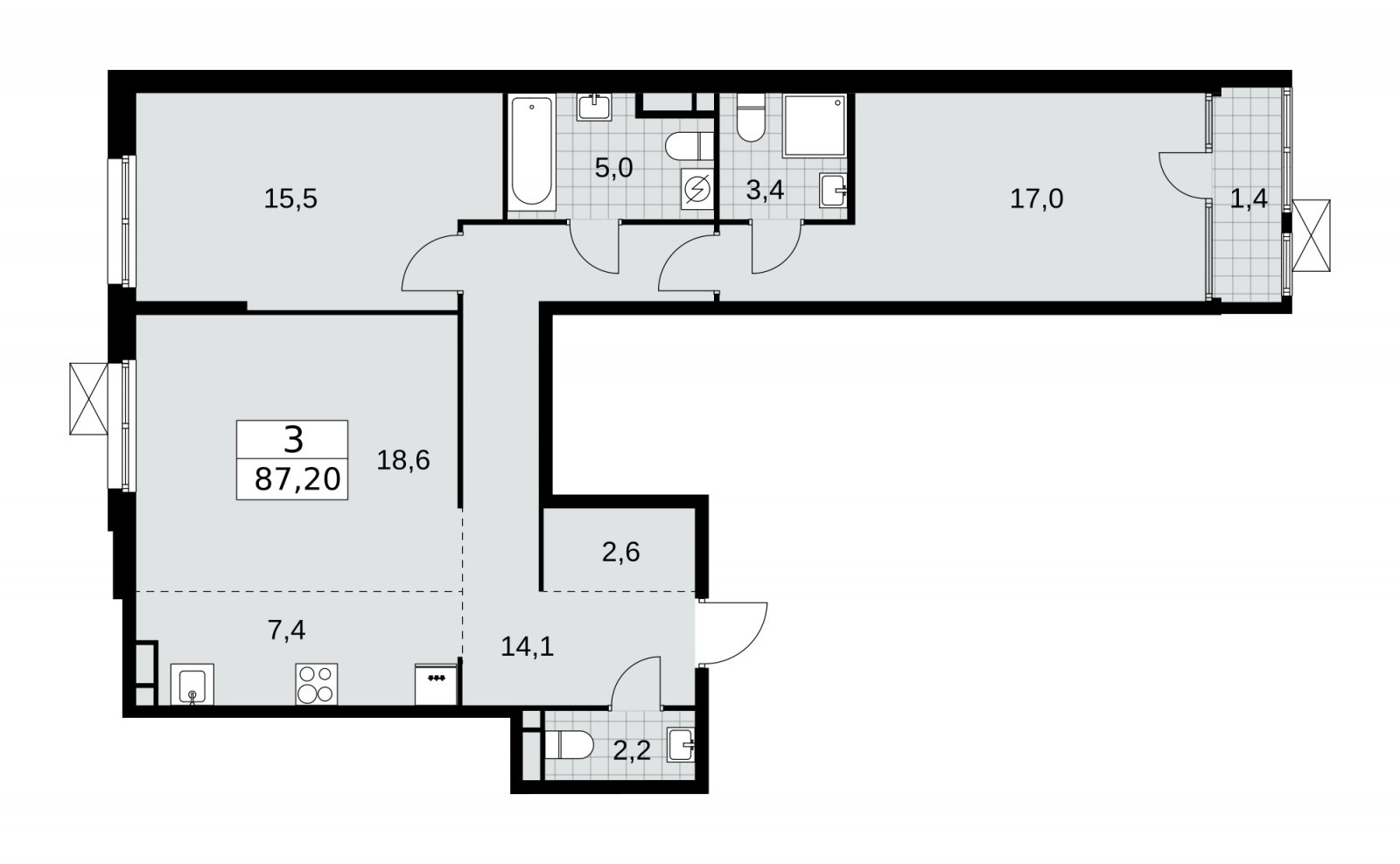 3-комнатная квартира (евро) с частичной отделкой, 87.2 м2, 11 этаж, сдача 1 квартал 2026 г., ЖК Дом на Зорге, корпус 25 - объявление 2221085 - фото №1