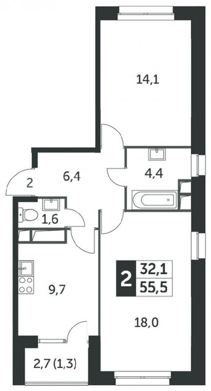 2-комнатная квартира с частичной отделкой, 56 м2, 17 этаж, сдача 4 квартал 2023 г., ЖК Датский квартал, корпус 2 - объявление 1568254 - фото №1