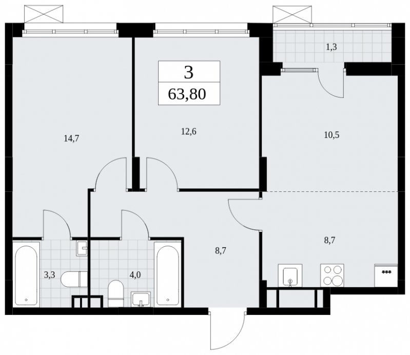 3-комнатная квартира (евро) без отделки, 63.8 м2, 3 этаж, сдача 1 квартал 2025 г., ЖК Дзен-кварталы, корпус 1.4 - объявление 1896161 - фото №1