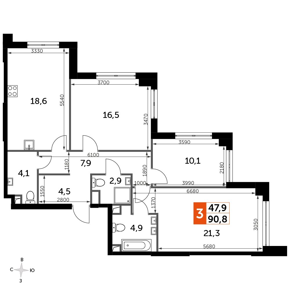 3-комнатная квартира с частичной отделкой, 90.8 м2, 21 этаж, сдача 3 квартал 2024 г., ЖК Sydney City, корпус 2.2 - объявление 2260112 - фото №1
