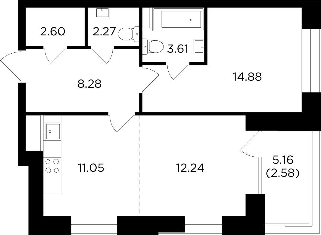 2-комнатная квартира с частичной отделкой, 57.51 м2, 4 этаж, дом сдан, ЖК FORIVER, корпус 7 - объявление 2371364 - фото №1