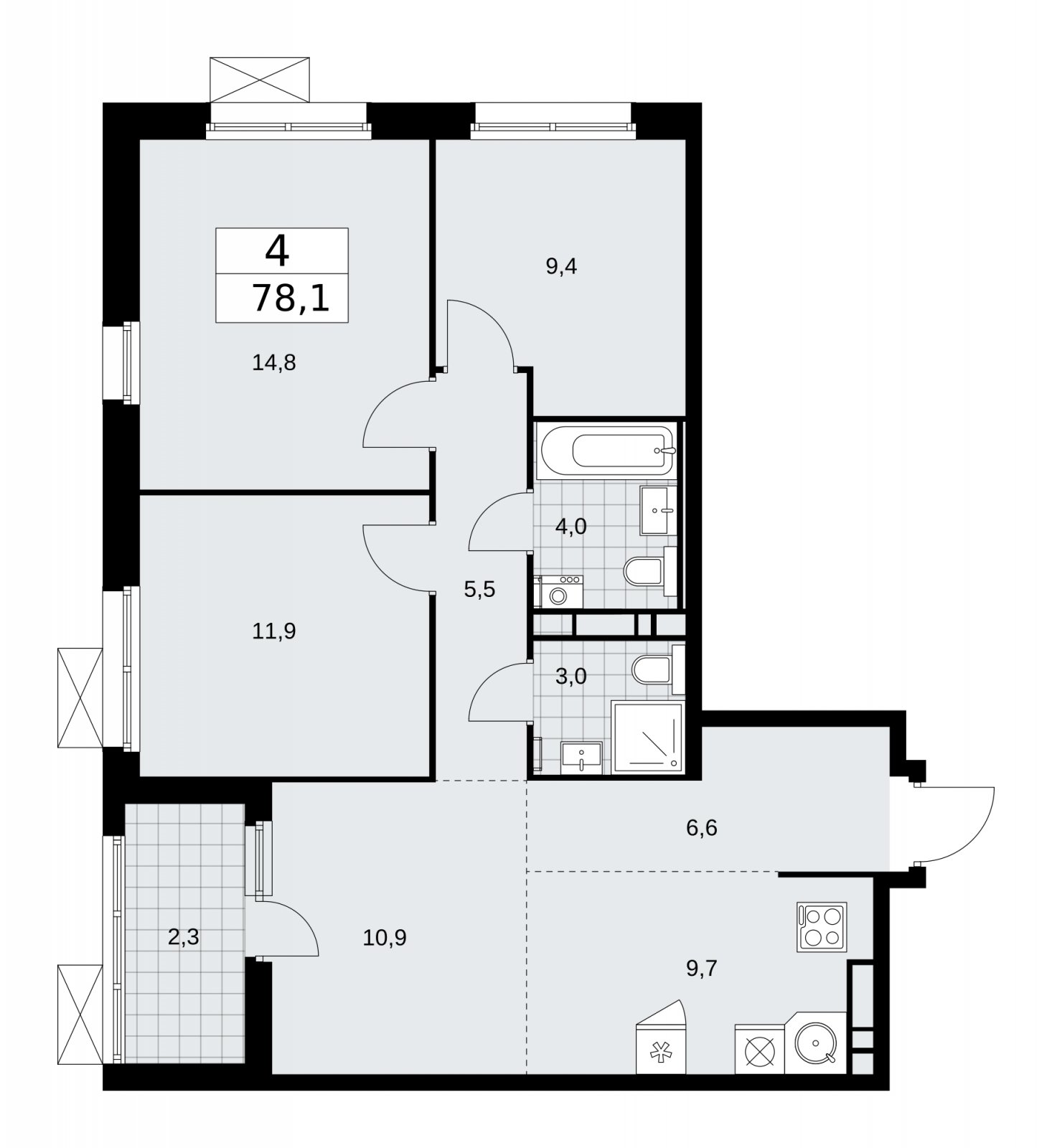 4-комнатная квартира (евро) с частичной отделкой, 78.1 м2, 11 этаж, сдача 2 квартал 2026 г., ЖК Скандинавия, корпус 25.2 - объявление 2283550 - фото №1