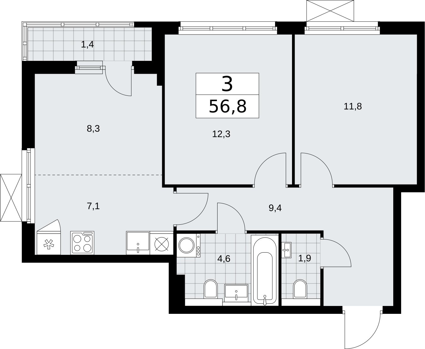 3-комнатная квартира (евро) без отделки, 56.8 м2, 8 этаж, сдача 2 квартал 2026 г., ЖК Бунинские кварталы, корпус 7.3 - объявление 2313627 - фото №1