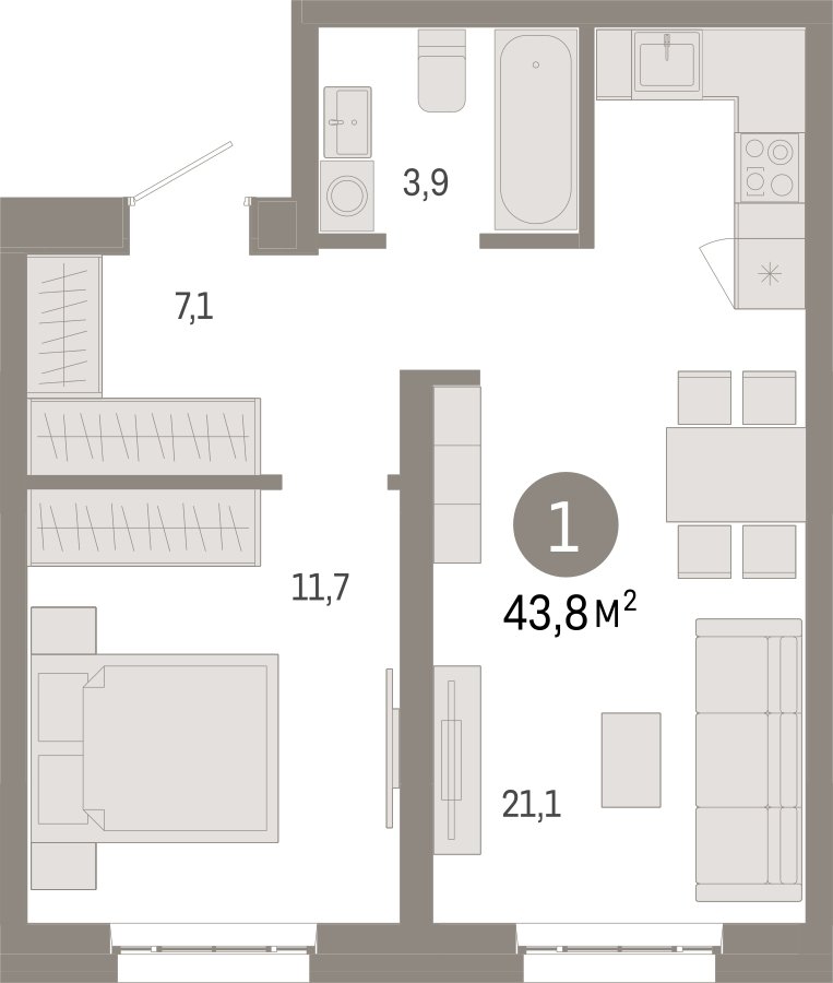 1-комнатная квартира 43.8 м2, 4 этаж, сдача 3 квартал 2026 г., ЖК Квартал Метроном, корпус 1 - объявление 2330806 - фото №1