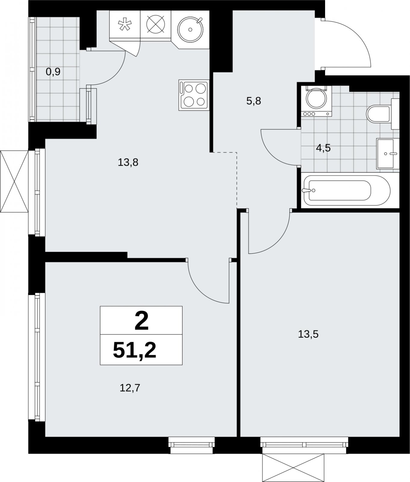 2-комнатная квартира без отделки, 51.2 м2, 13 этаж, сдача 2 квартал 2026 г., ЖК Дзен-кварталы, корпус 6.1.1 - объявление 2327209 - фото №1