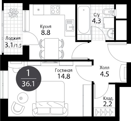 1-комнатная квартира без отделки, 36.4 м2, 20 этаж, дом сдан, ЖК Летний сад, корпус 1б - объявление 1985631 - фото №1