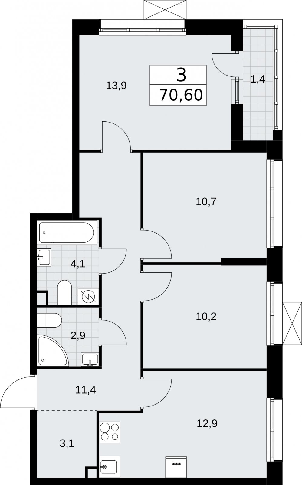 3-комнатная квартира без отделки, 70.6 м2, 2 этаж, сдача 3 квартал 2026 г., ЖК Родные кварталы, корпус 2 - объявление 2295700 - фото №1