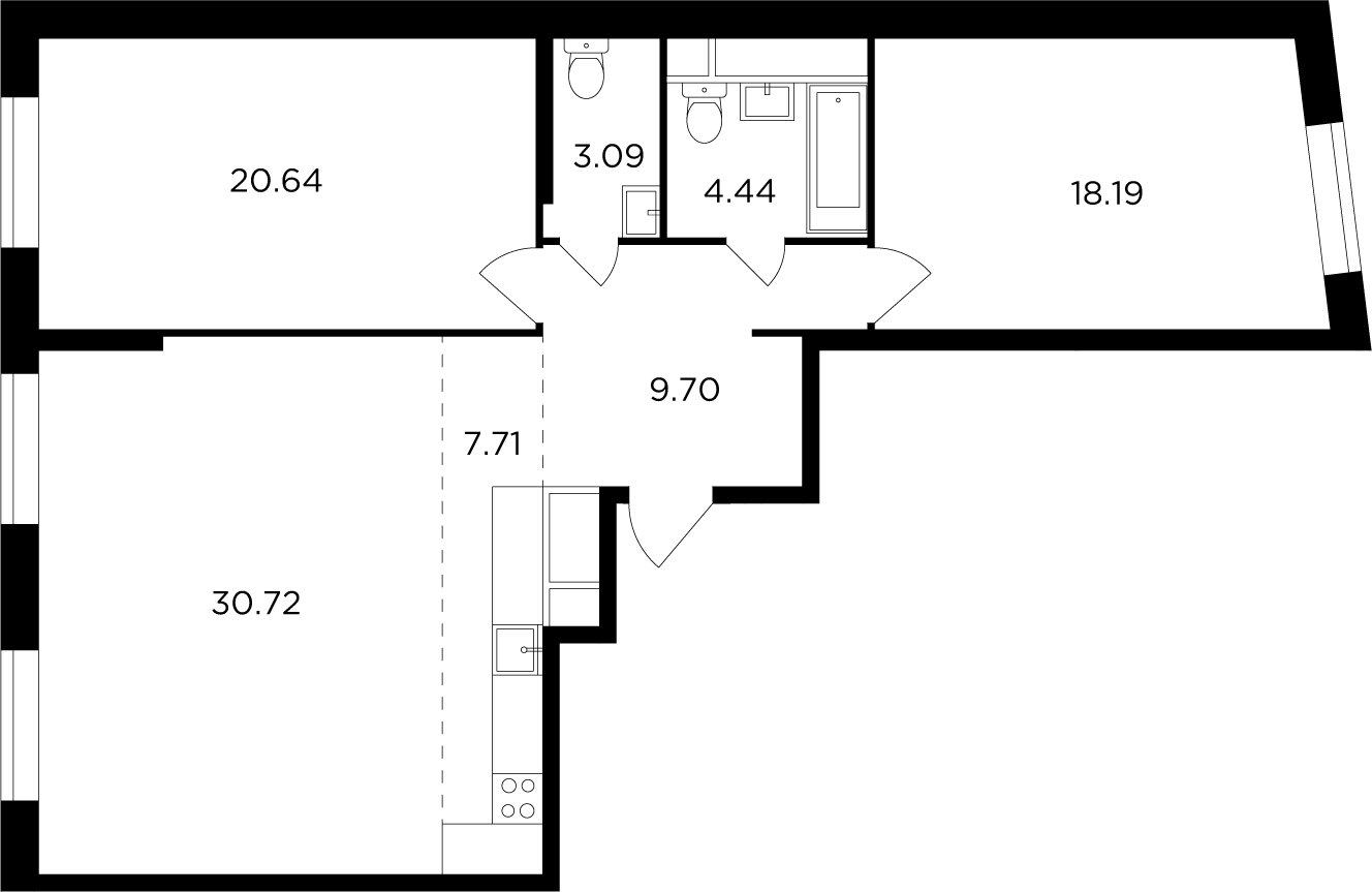 3-комнатная квартира без отделки, 94.49 м2, 5 этаж, дом сдан, ЖК КутузовGRAD 2, корпус 6 - объявление 2173487 - фото №1