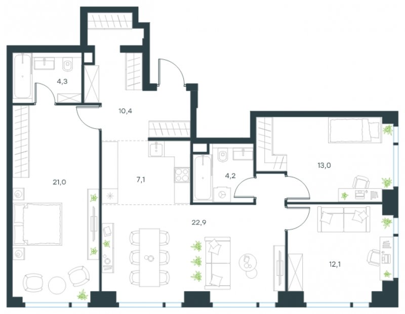 4-комнатная квартира (евро) с частичной отделкой, 95 м2, 2 этаж, сдача 4 квартал 2024 г., ЖК Level Мичуринский, корпус 5 - объявление 1635386 - фото №1