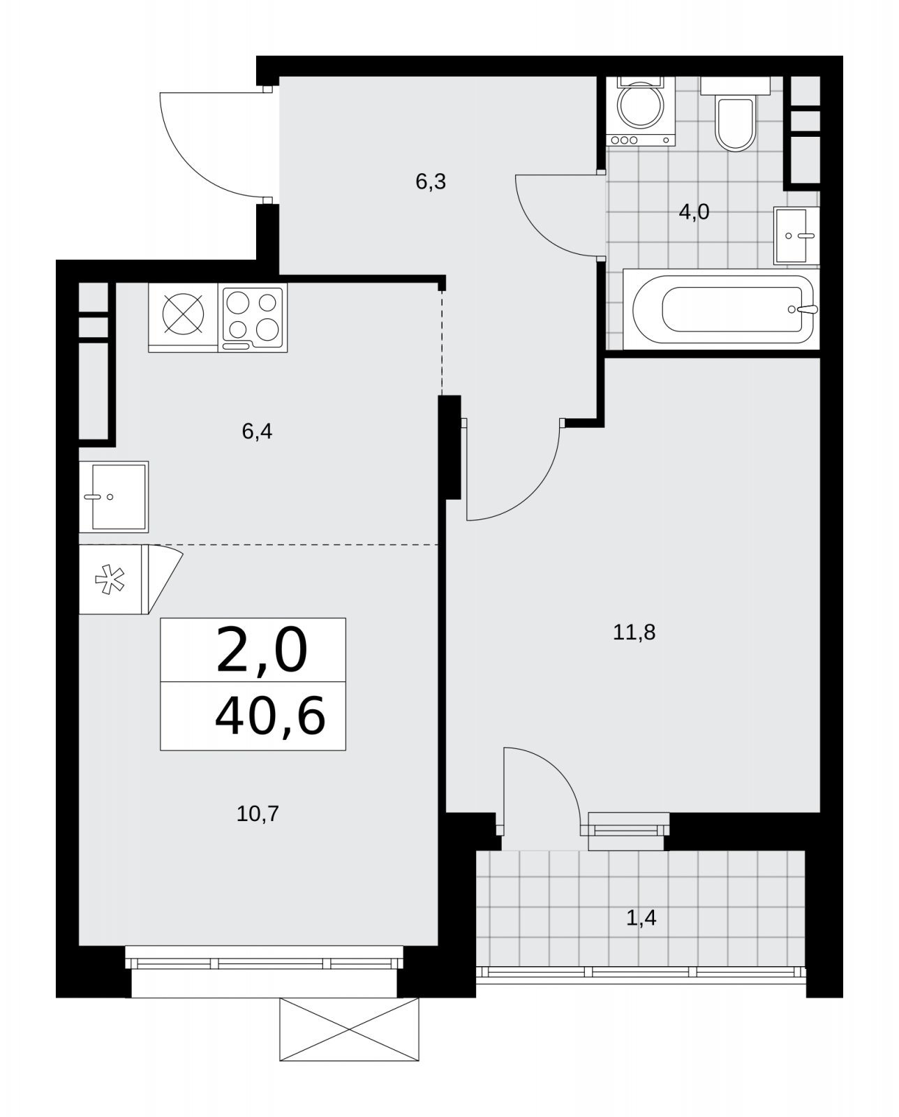 2-комнатная квартира (евро) без отделки, 40.6 м2, 13 этаж, сдача 1 квартал 2026 г., ЖК Прокшино, корпус 10.1.3 - объявление 2227326 - фото №1