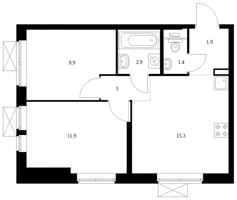 2-комнатная квартира с полной отделкой, 46.3 м2, 31 этаж, сдача 4 квартал 2023 г., ЖК Новохохловская 15, корпус 3 - объявление 1586013 - фото №1