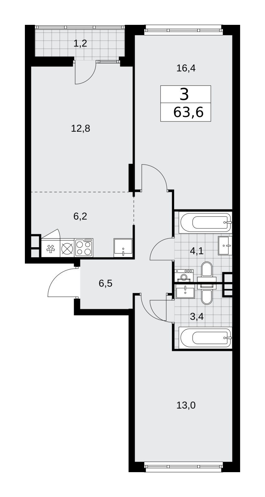 3-комнатная квартира (евро) с частичной отделкой, 63.6 м2, 11 этаж, сдача 2 квартал 2026 г., ЖК Деснаречье, корпус 4.4 - объявление 2264152 - фото №1