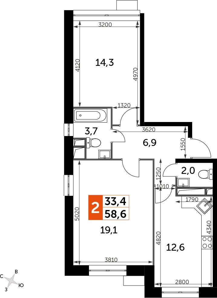2-комнатная квартира с полной отделкой, 58.6 м2, 16 этаж, дом сдан, ЖК Датский квартал, корпус 2 - объявление 2335340 - фото №1